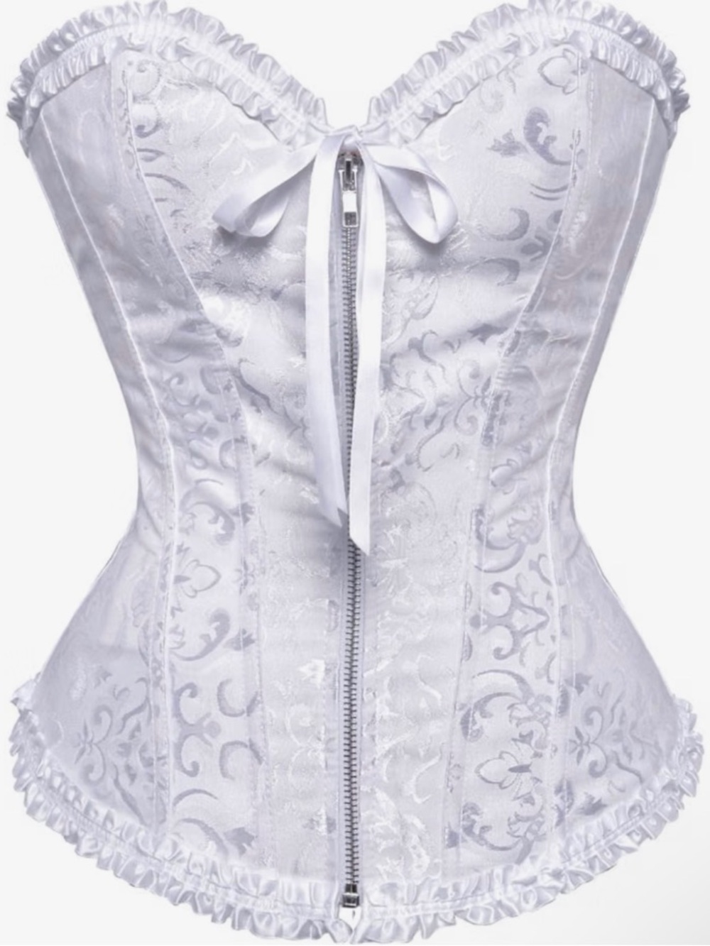 White Satin Lace-Trim Corset Top with Zipper